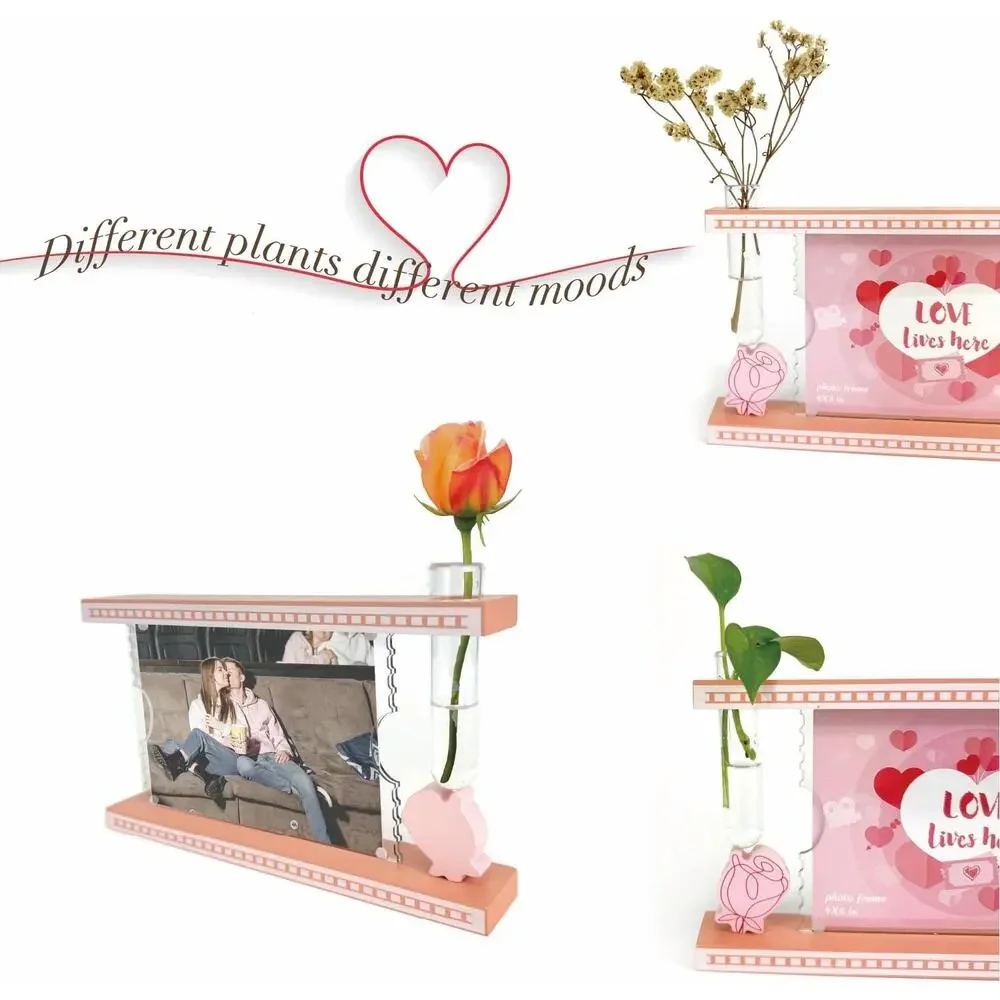 Valentine’s Day Picture Frame with Glass Vase – 4x6 Pink Floral Wood Frame Gift